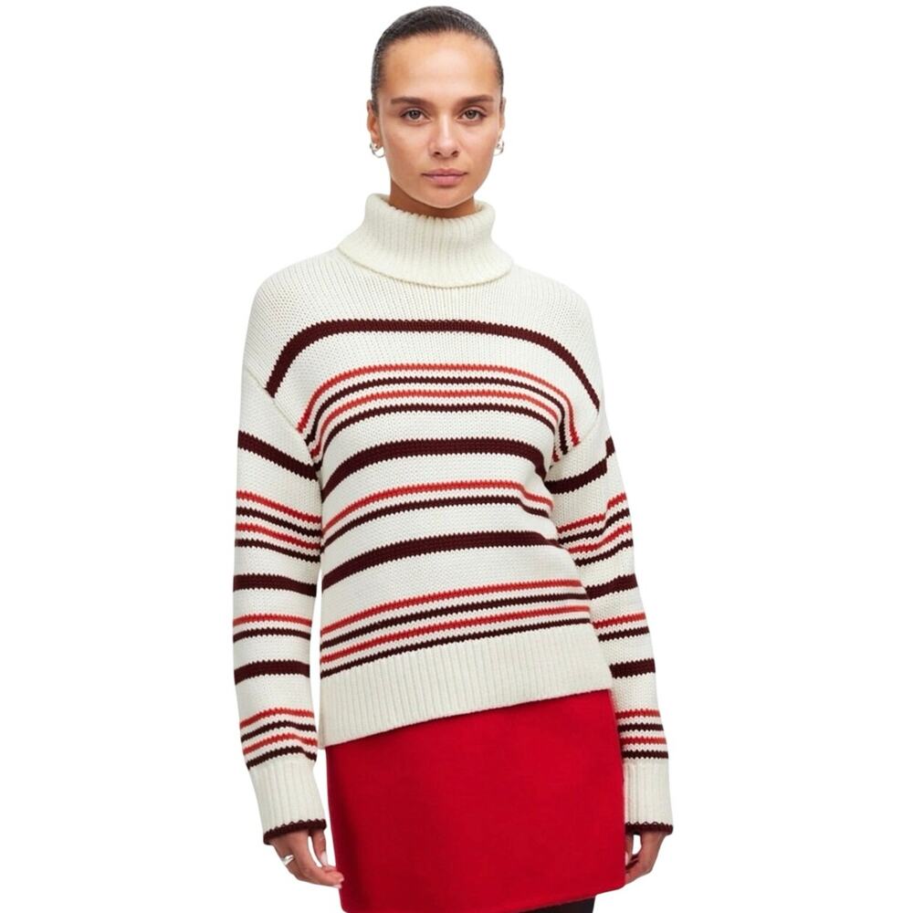 Madewell Cream Red Striped Cotton Turtleneck Sweater Chunky Knit L